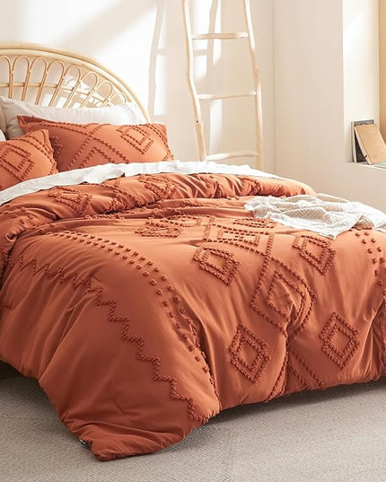 Bedsure Boho Comforter Set Twin - Terracotta Tufted Bedding Comforter Set, 2 Pieces Farmhouse Shabby Chic Embroidery Bedding Set, Soft Geometric Pattern Comforter for All Seasons - LeafyLoom
