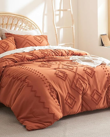 Bedsure Boho Comforter Set Full - Terracotta Tufted Bedding Comforter Set, 3 Pieces Farmhouse Shabby Chic Embroidery Bedding Set, Soft Geometric Pattern Comforter for All Seasons - LeafyLoom