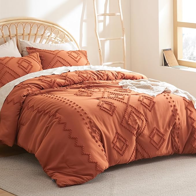 Bedsure Boho Comforter Set Full - Terracotta Tufted Bedding Comforter Set, 3 Pieces Farmhouse Shabby Chic Embroidery Bedding Set, Soft Geometric Pattern Comforter for All Seasons - LeafyLoom