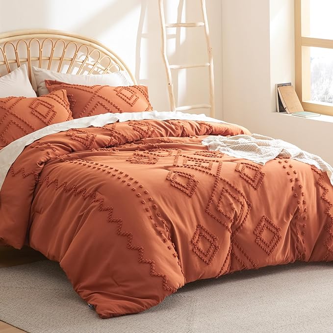 Bedsure Boho Comforter Set Queen - Terracotta Tufted Bedding Comforter Set, 3 Pieces Farmhouse Shabby Chic Embroidery Bedding Set, Soft Geometric Pattern Comforter for All Seasons - LeafyLoom