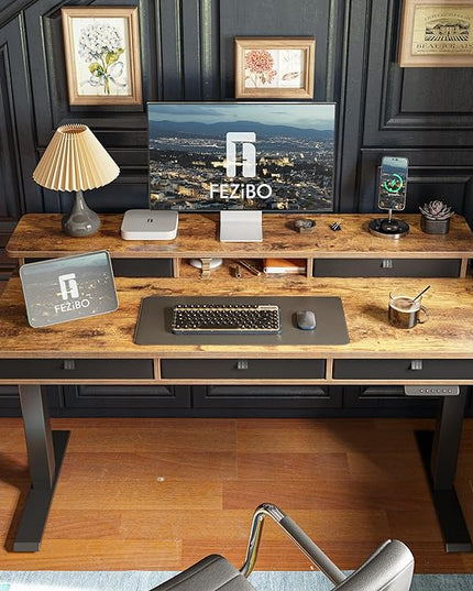 FEZIBO Height Adjustable Electric Standing Desk with 5 Drawers, 55 x 24 Inch Table with Storage Shelf, Sit Stand Desk Black Frame/Rustic Brown Top, 55 inch - LeafyLoom