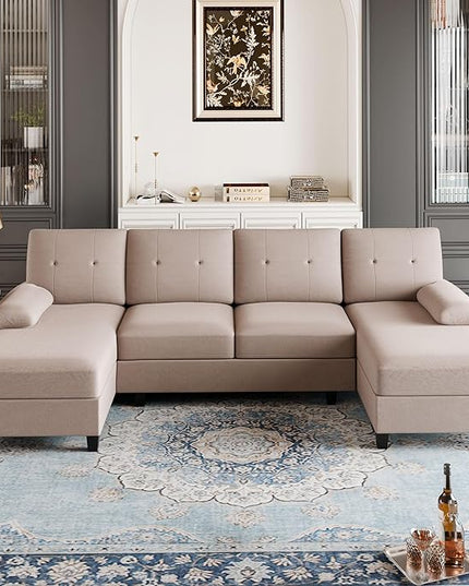 Shintenchi Sectional Couches for Living Room, U Shaped Sofa Couch with Double Chaise, 4-Seat Living Room Furniture Sets with Soft Cushion & Linen Fabric, Beige - LeafyLoom