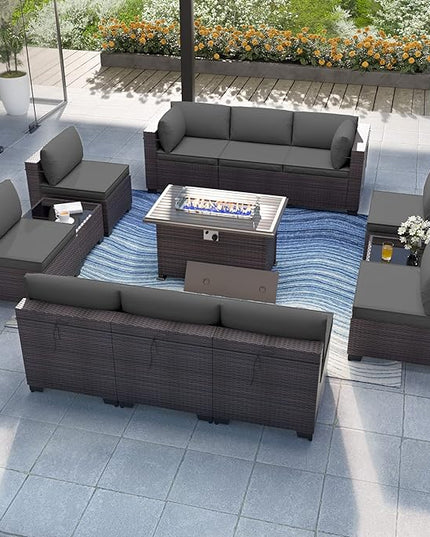 Patio Furniture Set with Fire Pit Table 13-Pieces Outdoor Sectional Furniture Outdoor Rattan Patio Conversation Sets with 43in 55,000 BTU Propane Gas Fire Pit Table Glass Table, Grey - LeafyLoom