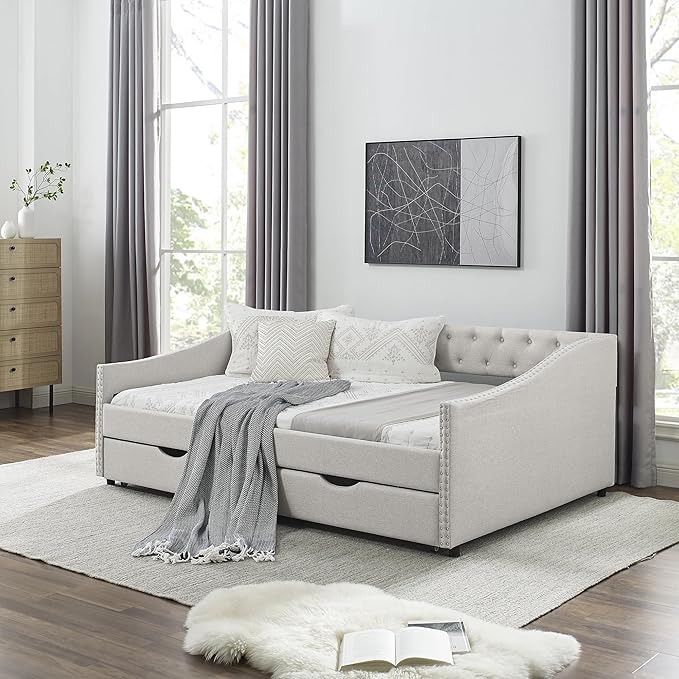 Full Size Upholstered Daybed with Two Storage Trundle Drawers, Wooden Sofa Bed w/Button Tufted Backrest and Waved Shape Arms, No Box Spring Needed, for Living Room, Bedroom, Dorm, Beige - LeafyLoom