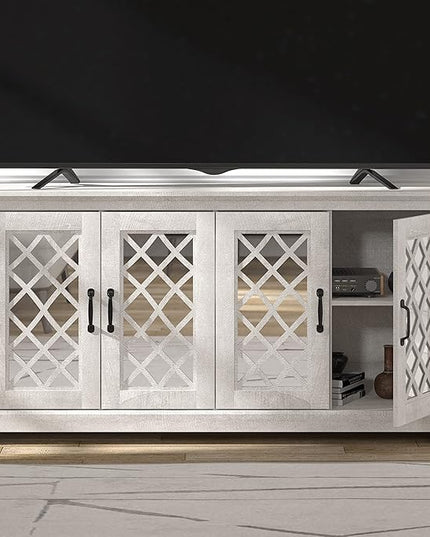Galano Millicent TV Stand for 65+ Inch TV, Tall Entertainment Center with Mirror Doors, Rustic Media Console with Storage Shelves, Wood Television Stand for Living Room, Dusty Grey Oak - LeafyLoom