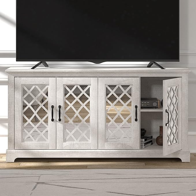 Galano Millicent TV Stand for 65+ Inch TV, Tall Entertainment Center with Mirror Doors, Rustic Media Console with Storage Shelves, Wood Television Stand for Living Room, Dusty Grey Oak - LeafyLoom