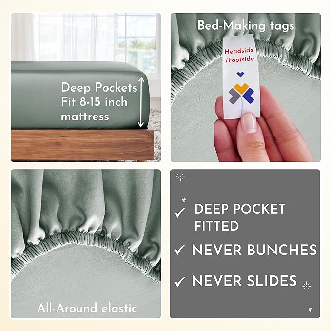 California Design Den Soft 100% Cotton Sheets, Twin XL Sheets Set 3 Pieces, 400 Thread Count Sateen, Dorm Rooms & Adults, Deep Pocket Sheets, Cooling Sheets (Sage Green) - LeafyLoom