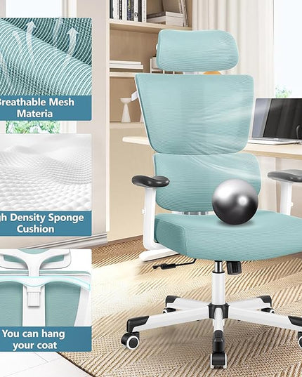 Primy Office Chair Ergonomic Desk Chair, High Back Computer Gaming Chair, Comfy Big and Tall Home Office Chair with Lumbar Support, Breathable Mesh Reclining Chair Adjustable Headrest(Light Blue) - LeafyLoom