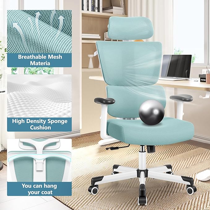 Primy Office Chair Ergonomic Desk Chair, High Back Computer Gaming Chair, Comfy Big and Tall Home Office Chair with Lumbar Support, Breathable Mesh Reclining Chair Adjustable Headrest(Light Blue) - LeafyLoom