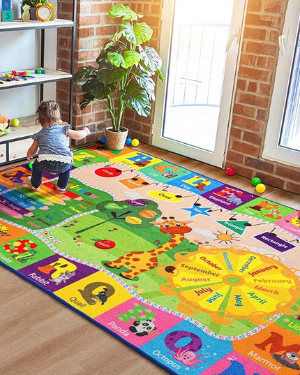 Playroom Rug Baby Play Mat for Floor ABC Rug for Kids Educational and Fun Playmat with Alphabet Animals Shapes Colors 5x7 Area Rug Learning Rugs for Toddler Children Game Activity - LeafyLoom