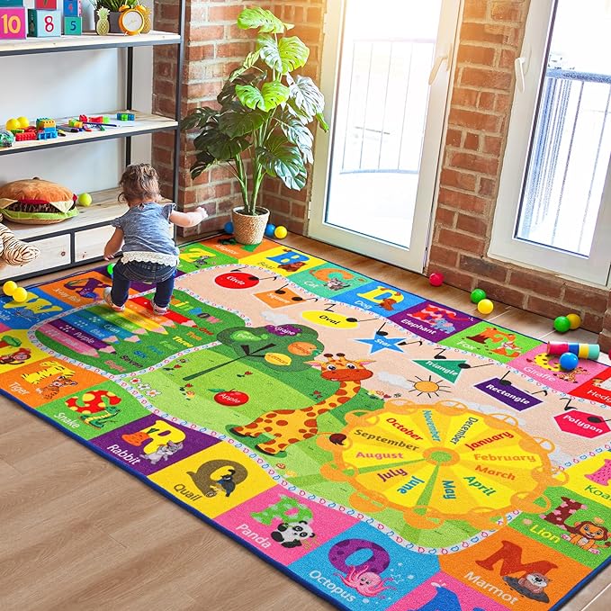 6x9 Kids Room Rug Play Mat Carpet Educational and Fun Playmat with ABC Alphabet Animals Shapes Colors Non Slip Area Rug Learning Rugs for Bedroom Playroom Baby Toddler Children Play Game Activity - LeafyLoom
