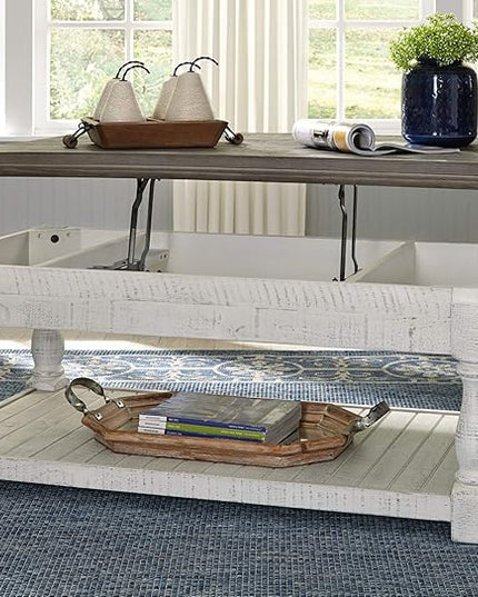 Signature Design by Ashley Havalance Farmhouse Lift Top Coffee Table with Fixed Shelf and 2 Hidden Storage Trays, Gray & White with Weathered Finish - LeafyLoom