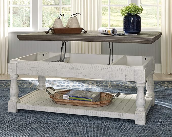 Signature Design by Ashley Havalance Farmhouse Lift Top Coffee Table with Fixed Shelf and 2 Hidden Storage Trays, Gray & White with Weathered Finish - LeafyLoom