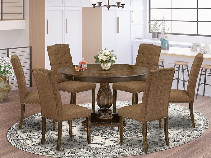 East West Furniture F2EL7-718 Ferris 7 Piece Set Consist of a Round Kitchen Table with Pedestal and 6 Brown Linen Fabric Parson Dining Room Chairs, 48x48 Inch - LeafyLoom