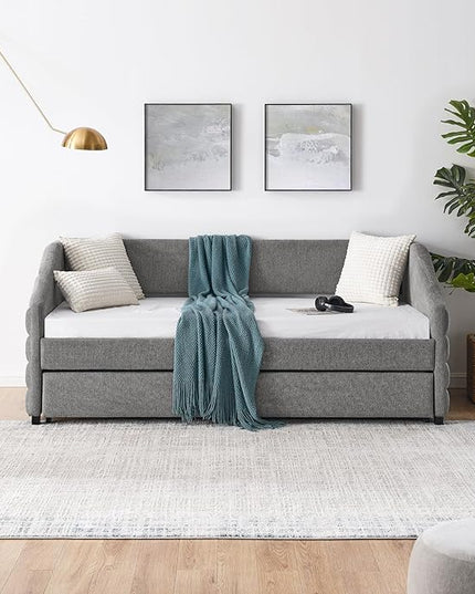 Linen Upholstered Twin Size Daybed with Trundle, Solid Wooden Bedframe w/Pull Out Bed and Tufted Decorate, No Box Spring Needed, for Kids, Bedroom, Dorm - LeafyLoom