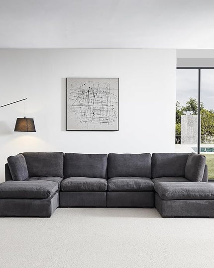 U Shaped Down Filled Oversized Cloud Couch with Double Chaise, Deep Seat Free Combination Convertible Corner Sectional Sofa Bed with Detachable Backrest and Wooden Legs for Living Room Office - LeafyLoom