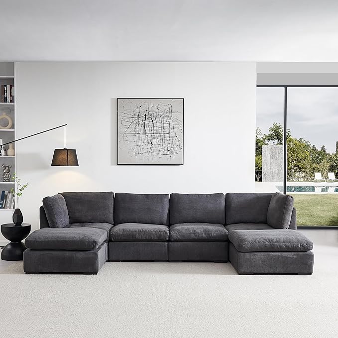 U Shaped Down Filled Oversized Cloud Couch with Double Chaise, Deep Seat Free Combination Convertible Corner Sectional Sofa Bed with Detachable Backrest and Wooden Legs for Living Room Office - LeafyLoom