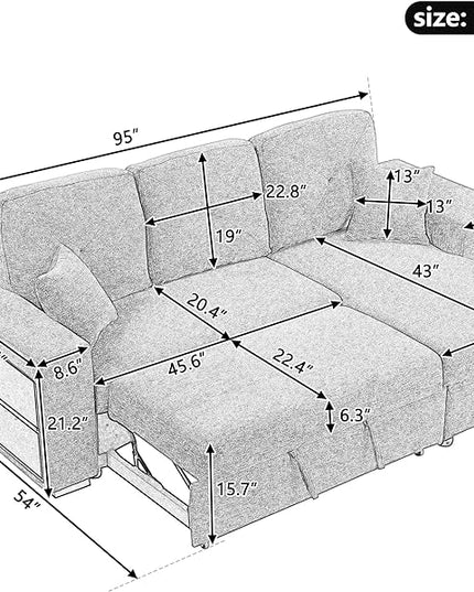 95" L-Shaped Sectional Sleeper Sofa with Storage Chaise &Pull-Out Bed, Velvet Upholstered Reversible Corner Couch w/ 2 Stools, for Living Room, Apartment, 95 Inch, Knox Charcoal - LeafyLoom