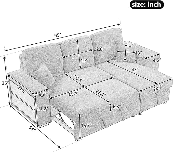 95" L-Shaped Sectional Sleeper Sofa with Storage Chaise &Pull-Out Bed, Velvet Upholstered Reversible Corner Couch w/ 2 Stools, for Living Room, Apartment, 95 Inch, Knox Charcoal - LeafyLoom