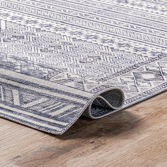 nuLOOM Jenine Southwestern Machine Washable Ultra Thin Area Rug, 8x10, Grey - LeafyLoom