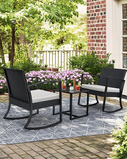 Greesum 3 Pieces Outdoor Furniture Set Patio Bistro Rocking Chairs with Glass Coffee Table for Pool Beach Backyard Balcony Porch Deck Garden, White - LeafyLoom