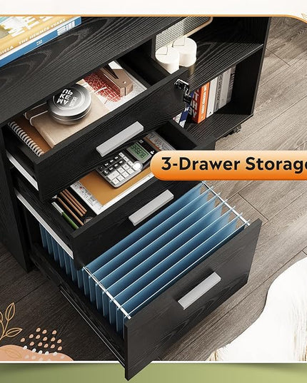 DEVAISE 3-Drawer Wood File Cabinet with Lock, Mobile Lateral Filing Cabinet, Black - LeafyLoom