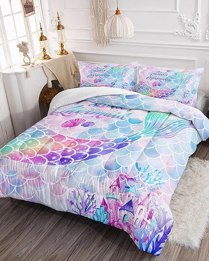 Datura home Bedding Comforter Set Rainbow Purple Mermaid Tail Printed Comforter Set with 1 Comforter and 2 Pillowcases for Girls Bedroom All Season(Rainbow Purple Full) - LeafyLoom