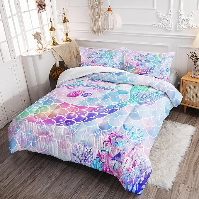 Datura home Bedding Comforter Set Rainbow Purple Mermaid Tail Printed Comforter Set with 1 Comforter and 2 Pillowcases for Girls Bedroom All Season(Rainbow Purple Full) - LeafyLoom