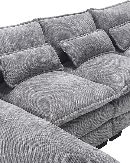 6 Seater Overstuffed Modular Sectional Sofa Cloud Couch with Double Chaise Lounge, U Shaped Chenille Upholstered Leisure Sofa&Couches with Memory Foam and Waist Pillows for Living Room Office - LeafyLoom