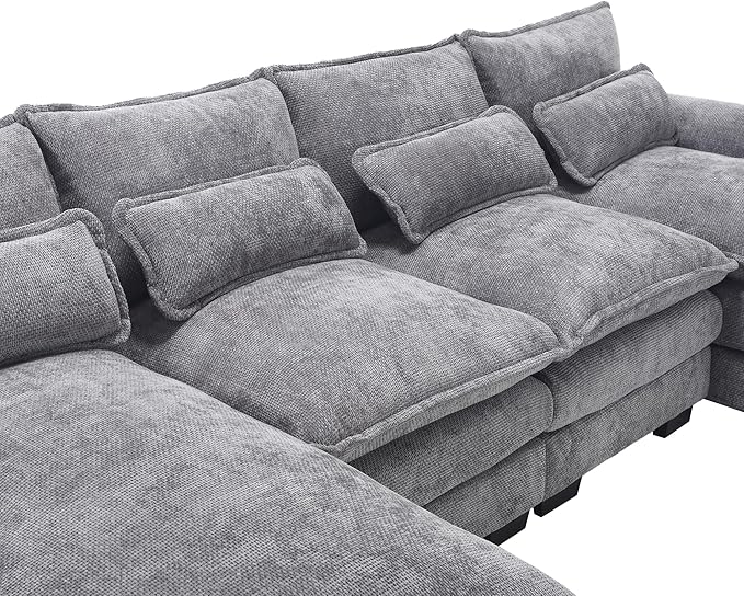 6 Seater Overstuffed Modular Sectional Sofa Cloud Couch with Double Chaise Lounge, U Shaped Chenille Upholstered Leisure Sofa&Couches with Memory Foam and Waist Pillows for Living Room Office - LeafyLoom