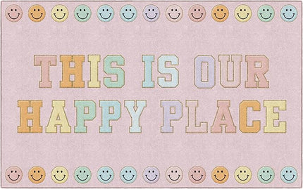 Flagship Carpets Schoolgirl Style This is Our Happy Place on Pink Educational Area Rug for Kids Room Seating Décor, Children's Classroom, Play Carpet for Teaching and Playroom, 7'6" x 12' - LeafyLoom