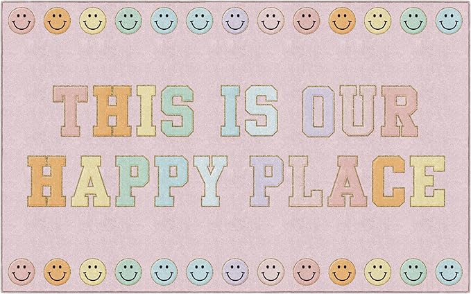 Flagship Carpets Schoolgirl Style This is Our Happy Place on Pink Educational Area Rug for Kids Room Seating Décor, Children's Classroom, Play Carpet for Teaching and Playroom, 7'6" x 12' - LeafyLoom