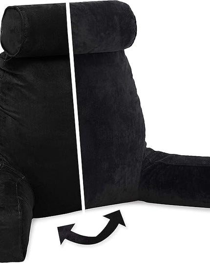 Husband Pillow XXL Aspen Edition, Adult Reading Sit Up Bed Rest Pillow for Bed with Arms & Neck Roll on Bungee Cord - Premium Memory Foam - Reversible 2 Sided Cover Micro Suede or Plush, Stable Black - LeafyLoom