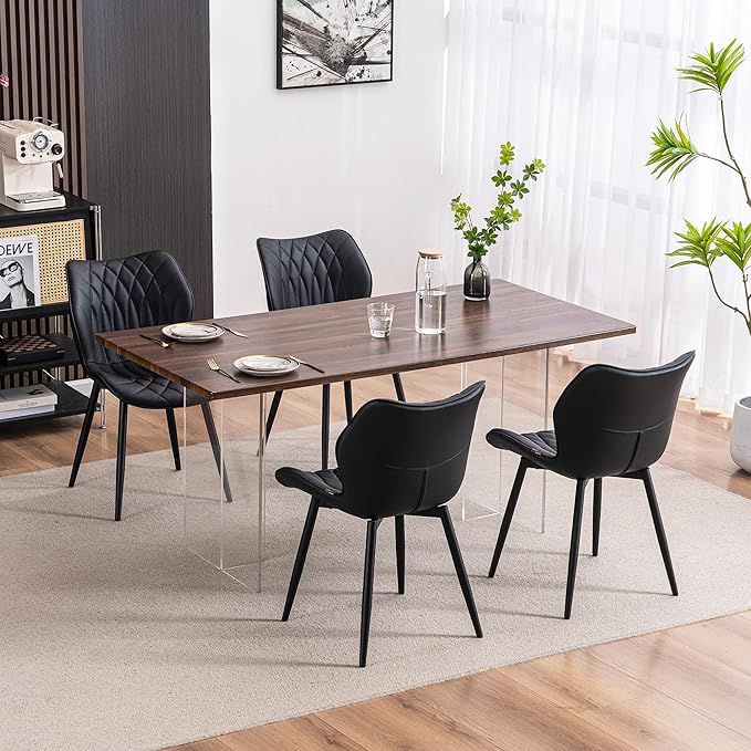 YOUNIKE Dining Chairs Set of 2, Upholstered Faux Leather Kitchen & Dining Room Chairs, Modern Living Room Bedroom Side Chairs with Wide Wing Back and Adjustable Metal Legs, Black - LeafyLoom