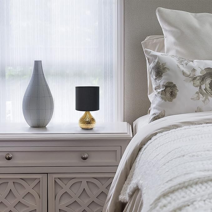Simple Designs LT2073-GDB Mini Hammered Texture Gold Drip Table Lamp with Black Shade - LeafyLoom