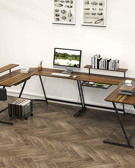 SHW Vista L-Shape Desk with Monitor Stand, Walnut - LeafyLoom