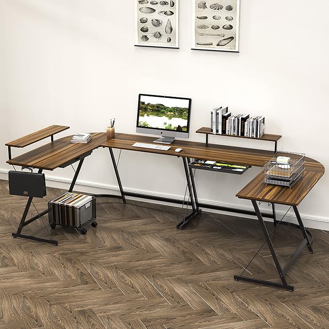 SHW Vista L-Shape Desk with Monitor Stand, Walnut - LeafyLoom