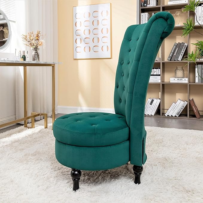 Royal High-Back Velvet Accent Chair for Vanity with Storage and Luxurious Upholstery, Retro Design and Versatile Usage for Living Room, Bedroom, Lounge and Office, Green - LeafyLoom
