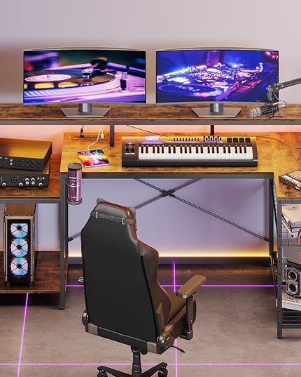 Bestier 71.5 inch Computer Desk with Power Outlets, LED Large Home Office Desk with Monitor Stand, L Shaped Corner Desk with Printer Stand Adjustable Shelf, Cup Holder & Headset Hooks, Brown - LeafyLoom