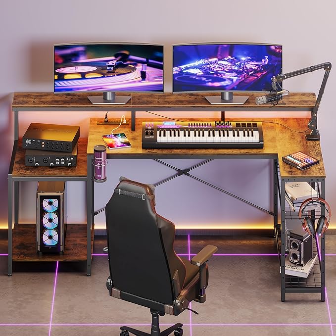 Bestier 71.5 inch Computer Desk with Power Outlets, LED Large Home Office Desk with Monitor Stand, L Shaped Corner Desk with Printer Stand Adjustable Shelf, Cup Holder & Headset Hooks, Brown - LeafyLoom