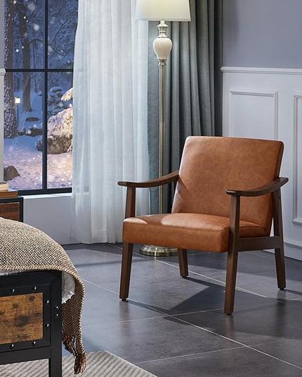 Yaheetech PU Leather Accent Chair, Mid-Century Modern Armchair with Solid Wood Legs, Reading Leisure Chair with High Back for Living Room Bedroom Waiting Room, Brown - LeafyLoom