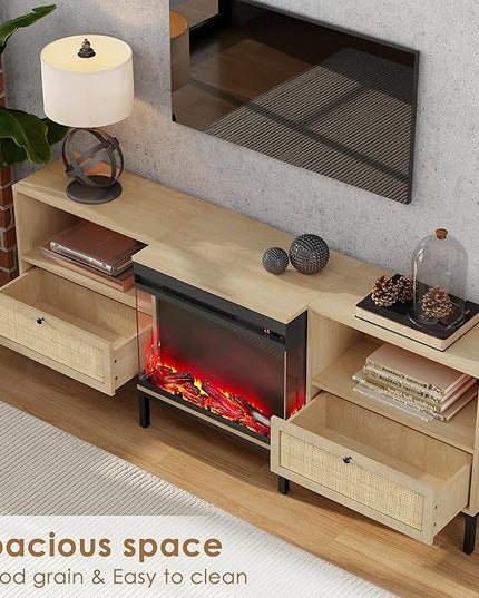 3-Sided Glass Fireplace TV Stand for TVs up to 80", Entertainment Center Electric Fireplace TV Stand with Rattan Drawers Boho Natural - LeafyLoom
