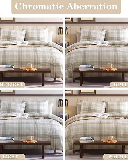 Beige Twin Comforter Set, Khaki Green Plaid Twin XL Comforter Set for Boys & Girls,Classic Homestead-style Twin Bed Set with Sheets and Comforter Set - LeafyLoom