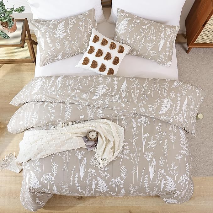 JANZAA Full Size Comforter Bedding Comforter Sets Floral Comforter Set Oatmeal Comforter Set Bed Set with 2 Pillow Cases for All Seasons - LeafyLoom