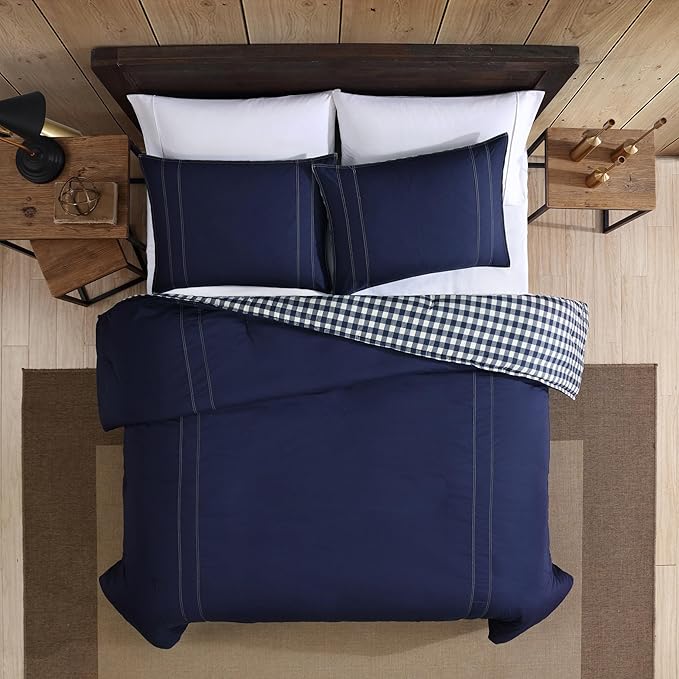 Eddie Bauer - King Comforter Set, Reversible Cotton Bedding with Matching Shams, Pre-Washed for Added Softness (Kingston Navy, King) - LeafyLoom