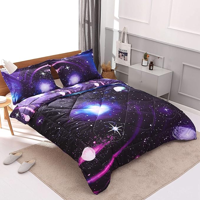 Wowelife Galaxy Comforter Set Full 5 Pieces Galaxy Bedding Set Blue 3D Galaxy Kids Bedding Set Bed in a Bag for Boys and Girls with Comforter, Flat Sheet, Fitted Sheet and 2 Pillowcases - LeafyLoom