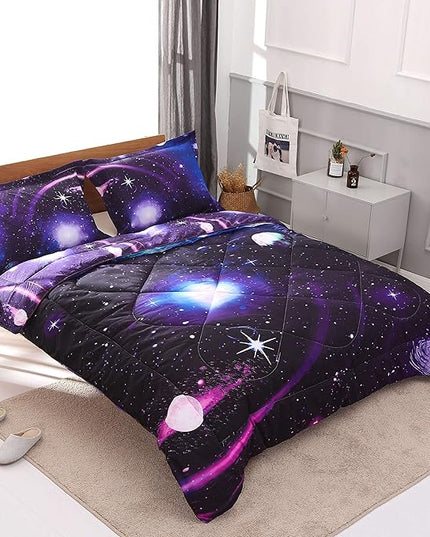 Wowelife Galaxy Twin Size Bedding Sets 5 Pieces Galaxy Space Comforter Set Blue 3D Kids Bed in A Bag Comforter Set for Girls Boys Lightweight with Comforter, Flat Sheet, Fitted Sheet and 2 Pillowcases - LeafyLoom