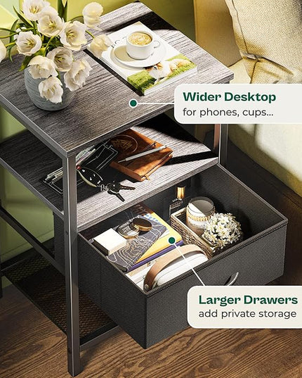 Nightstand Set of 2, Night Stand with Fabric Drawer, Mesh Shelf, Side Table with Storage, Fabric Drawer Dresser, Open Shelf, Metal Frame, Bedroom, Charcoal Gray - LeafyLoom