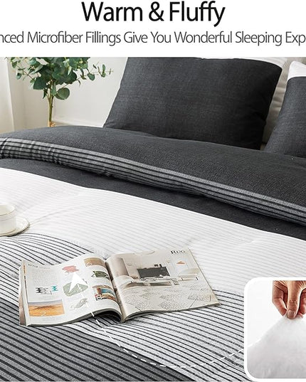 Andency Queen Comforter Set Black,3 Pieces Black White Gray Patchwork Striped Comforter (90x90 Inch), Soft Microfiber Down Alternative Queen Comforter Bedding Sets with Corner Loops - LeafyLoom