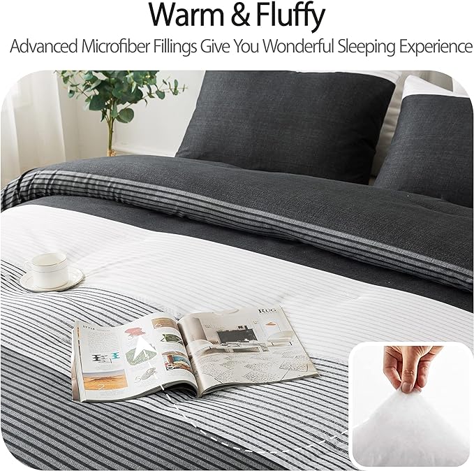 Andency Queen Comforter Set Black,3 Pieces Black White Gray Patchwork Striped Comforter (90x90 Inch), Soft Microfiber Down Alternative Queen Comforter Bedding Sets with Corner Loops - LeafyLoom